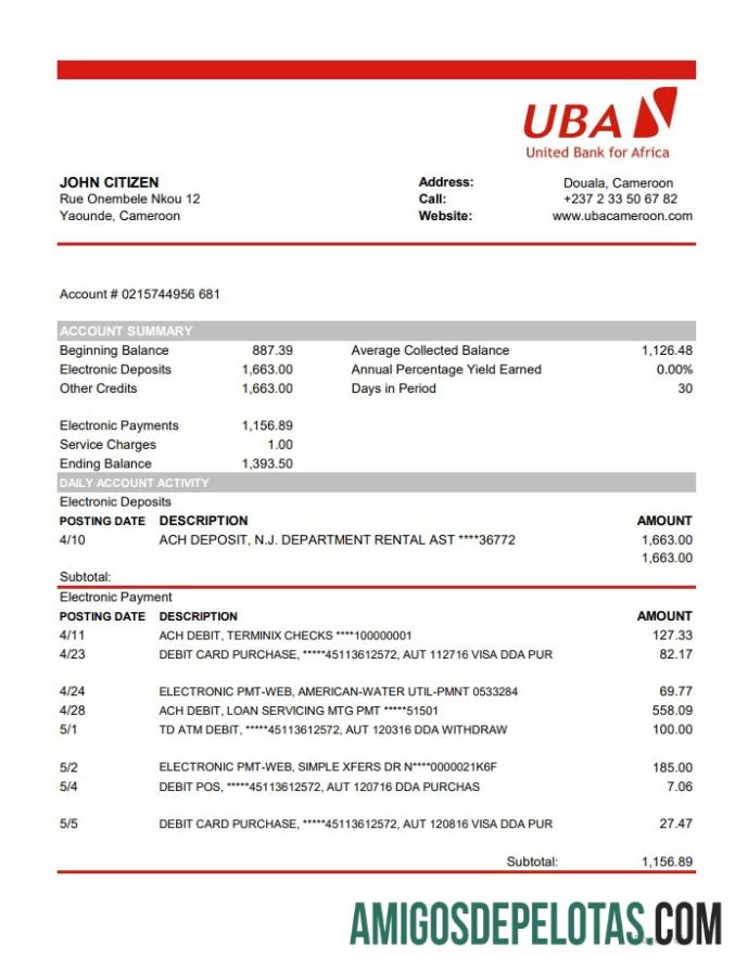 Extrato bancário UBA dos Camarões para impressão, modelo fácil de preencher em formato Excel e PDF